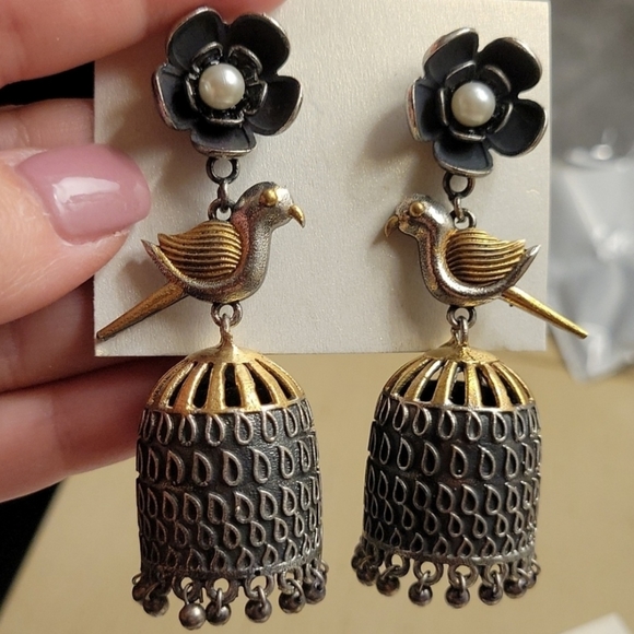 Blossom and Birdcage Earrings, Two Tone, Bold - Picture 2 of 4